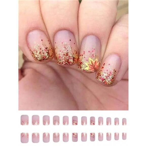 24-Piece Maple Leaf Design Gradient Glitter Press On Nails - Picture 1 of 7
